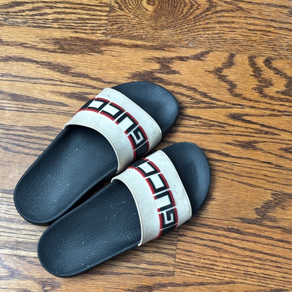 Gucci Shoes - Gucci Black, White & Red Logo Slide Sandals